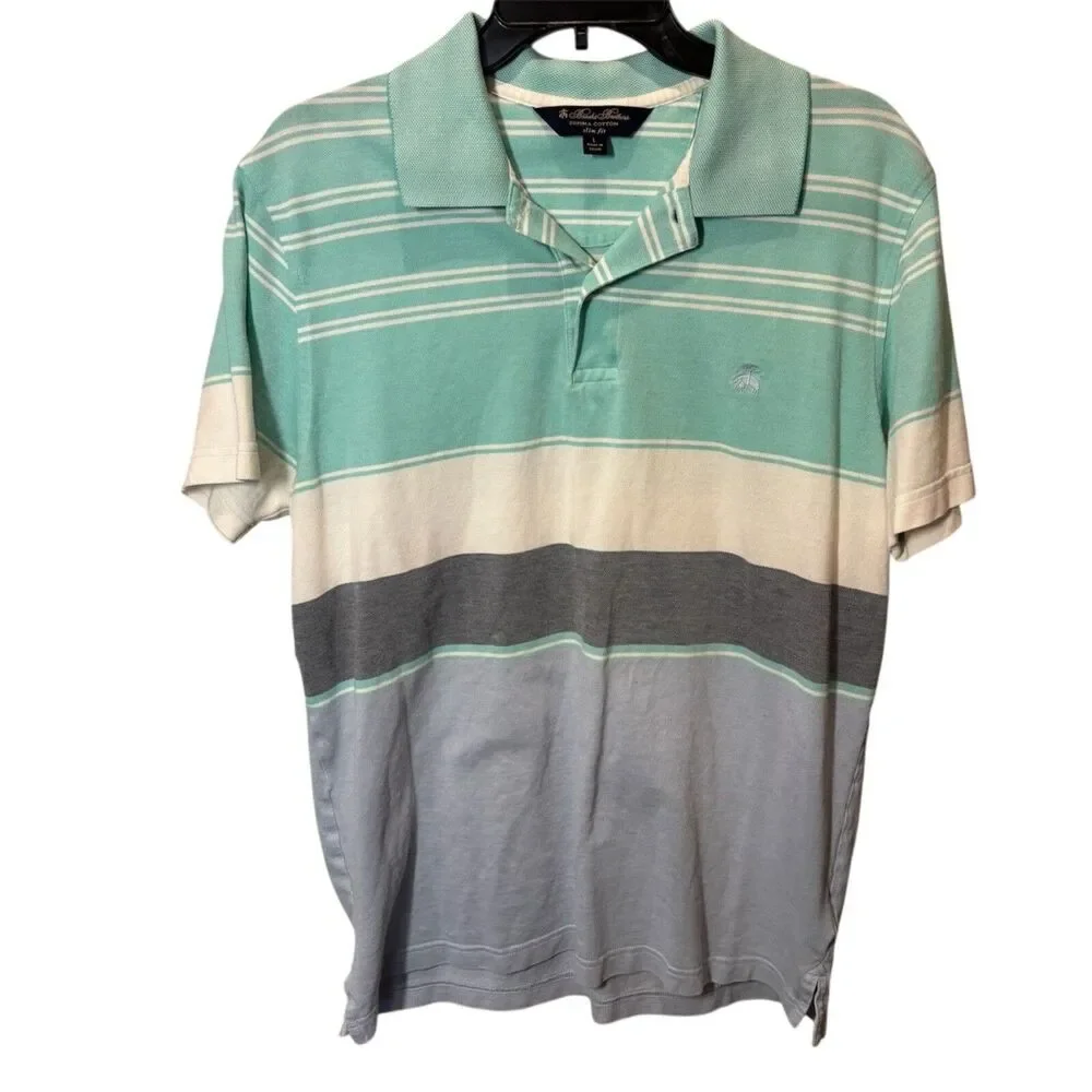 Brooks Brothers slim fit short sleeve polo Men's Large supima cotton aqua stripe